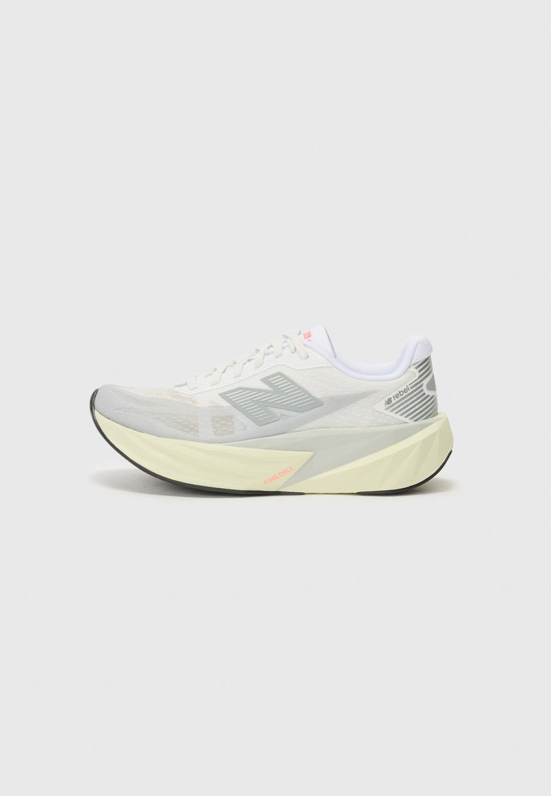 Lightweight running shoe with a grey and white mesh upper, a prominent 'N' logo, and a yellow midsole with angled accents. Black outsole.