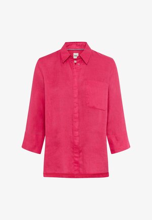Bright pink linen long-sleeve shirt with collar, front pocket on left chest, and button-up detail down the center.