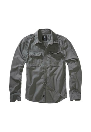 Graues Langarmhemd aus leichtem Stoff. Verfügt über eine durchgehende Knopfleiste, zwei Brusttaschen und Schulterklappen.