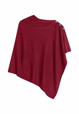 Röd poncholiknande sjal i mjukt tyg med draperad design, asymmetrisk form och tre metallknappar på ena axeln.