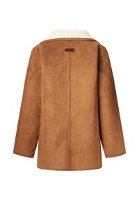 Giacca in finta suede marrone con colletto in pelliccia sintetica color crema. Presenta una vestibilità ampia, un taglio dritto e un design minimalista. Nessun dettaglio hardware visibile.