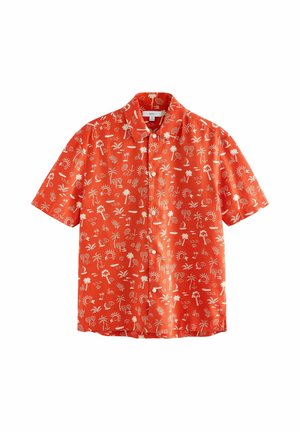 Camicia a maniche corte con bottoni in tessuto arancione brillante con stampa tropicale bianca. Presenta un colletto classico e orlo dritto.