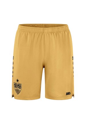 Goldgelbe Sportshorts mit elastischem Bund, schwarzem Teamwappen am linken Bein, JAKO-Logo am rechten Bein und kleinen Seitenschlitzen.
