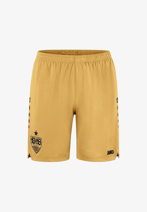 Gyldent gule sports-shorts med elastisk linning, sort holdemblem på venstre ben, JAKO-logo på højre ben og små sideslidser.