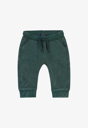 Groene katoenen joggers met een geribde tailleband, een trekkoord en twee voorkezen met een licht gewassen textuur.