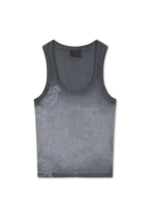 Débardeur sans manches gris foncé avec motifs floraux subtils et design de texte estompé à l'avant.