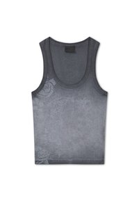 Mørkegrå ærmeløs tanktop med diskrete blomsterprint og svagt udtonet skriftmotiv foran.