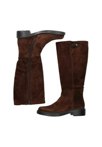 Bottes en daim marron, montantes jusqu'au genou, avec une semelle plate, comportant une fermeture éclair sur le côté et un accent de boucle ajustable sur le haut de la tige.