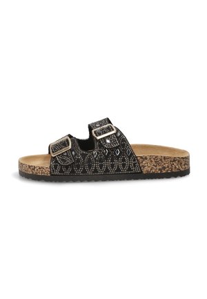 Sandalia de slide negra con dos correas ajustables que presentan adornos decorativos. Plantilla de corcho y suela exterior de goma texturizada en negro.