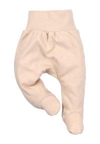 Beige cotton infant pants with a wide elastic waistband, gathered design, and integrated foot coverings for warmth and comfort.