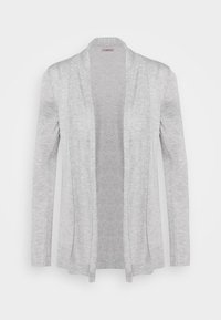 Jasnoszary kardigan z otwartym przodem wykonany z miękkiej dzianiny. Posiada długie rękawy i luźny krój, bez widocznych guzików ani zapięć.