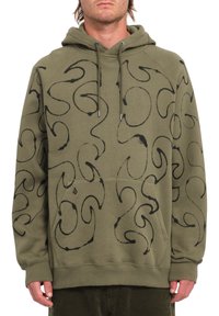 Felpa verde oliva in misto cotone, con un motivo astratto nero a spirale, polsini e orlo a coste, tasca frontale e cappuccio con cordino.