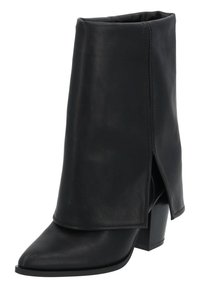 Bottine en cuir noir avec un bout pointu, un talon moyen bloc et un design de haut plissé comportant une couture à l'arrière. Texture lisse.