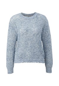 Pull tricoté bleu clair à manches longues, col rond, avec un motif texturé en maille ouverte sur toute la surface.