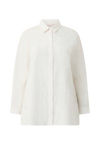 Biała koszula z długim rękawem, zapinana na guziki, z kołnierzykiem i subtelnym haftem kwiatowym na całej tkaninie.