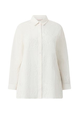 Weißes langärmliges Hemd mit Knopfleiste, Kragen und dezentem floralen Stickmuster auf dem gesamten Stoff.