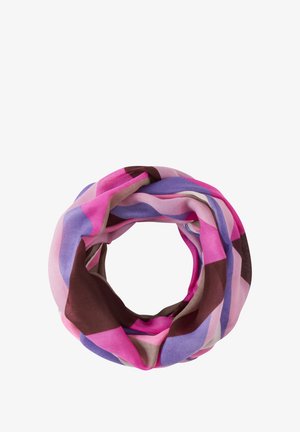 Runder Schal mit einer Mischung aus Rosa, Lila, Braun und Beige in einem geometrischen Muster. Hergestellt aus weichem, leichtem Stoff.