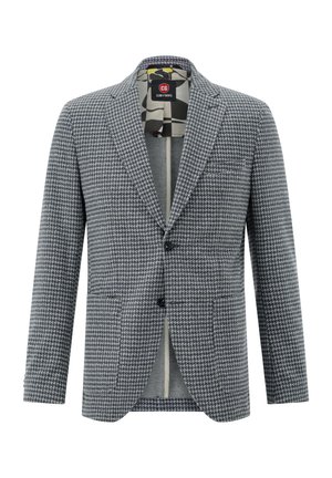 Men's grey and white houndstooth patterned blazer with notch lapels, two-button closure, and patterned inner lining.