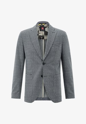 Men's grey and white houndstooth patterned blazer with notch lapels, two-button closure, and patterned inner lining.