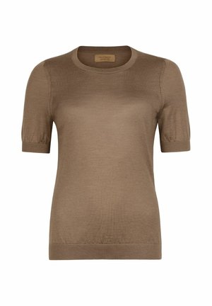 Brązowy krótki sweter z dzianiny z krótkim rękawem, okrągłym dekoltem oraz ściągaczami na mankietach i dole, oznaczony marką Falconeri.