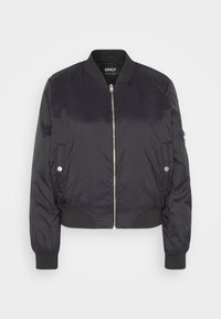 Veste bomber noire en tissu lisse et brillant ; dotée d'une fermeture éclair frontale, de poignets côtelés et de poches latérales avec boutons-pression.