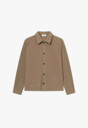 Hnědá bundu ze směsi vlny s knoflíkovým uzávěrem, špičatým límcem, dlouhými rukávy a rovný střih. Obsahuje pět tmavých knoflíků a minimální prošívání.
