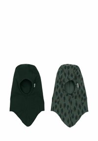 Dos capuchas exhibidas lado a lado; una de color verde oscuro sólido y la otra con un patrón de formas abstractas en verde oscuro y marrón. Tela suave, diseño similar.