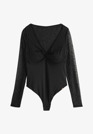 Czarny body z długim rękawem, z przejrzystymi koronkowymi rękawami i górną częścią na klatce piersiowej, miseczki z fiszbinami i skręcanym detalem na środku przodu.