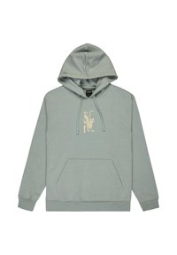 Bluza z kapturem w jasnozielonym kolorze, z kieszenią kangurką oraz haftowanym w kolorze beżowym wzorem tygrysa na klatce piersiowej. Gładka tekstura.