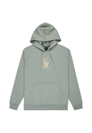 Bluza z kapturem w jasnozielonym kolorze, z kieszenią kangurką oraz haftowanym w kolorze beżowym wzorem tygrysa na klatce piersiowej. Gładka tekstura.