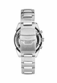 Orologio in acciaio inossidabile con bracciale argentato lucido, cassa rotonda e quadrante nero con dettagli bianchi e il marchio "SECTOR."
