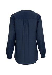 Blusa a maniche lunghe di colore blu navy realizzata in tessuto leggero. Presenta un retro arricciato, polsini con bottoni e una texture liscia.
