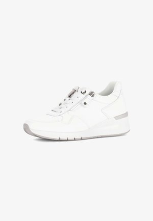 White leather sneaker with lace-up front, side zipper, and cushioned sole, shown against a plain white background.