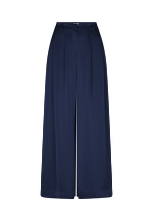 Pantalon bleu marine taille haute, jambes larges, avec plis à l'avant, passants pour ceinture, et fermeture dissimulée par boutons et fermeture éclair.