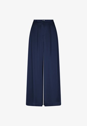 Pantalon bleu marine taille haute, jambes larges, avec plis à l'avant, passants pour ceinture, et fermeture dissimulée par boutons et fermeture éclair.