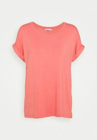 Korallfärgad kortärmad t-shirt i mjukt tyg. Har rund halsringning och uppvikta ärmar. Har en avslappnad passform och enkel design.