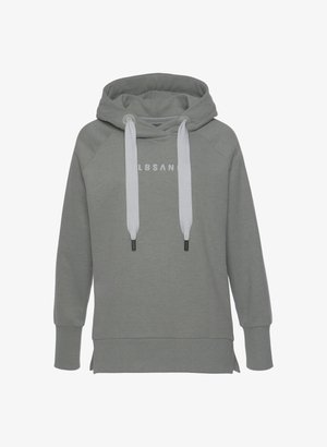 Light grey hoodie made of cotton blend, featuring a kangaroo pocket, adjustable drawstrings, ribbed cuffs, and a subtle printed logo.