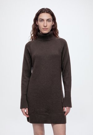 Un mannequin aux longs cheveux ondulés se tient devant un fond clair, vêtu d’une robe-pull en maille marron foncé, à col montant côtelé et poignets côtelés.