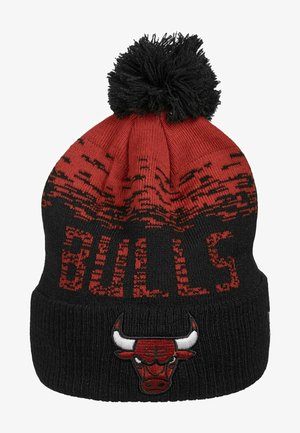 Red and black knit beanie with a pom-pom, featuring "BULLS" in pixelated text and an embroidered bull logo on the front.