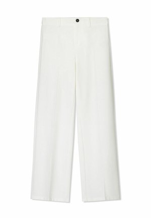 Witte, wijde broek met een gladde textuur, voorzien van een sluiting met een knoop aan de voorkant en riemlussen, ontworpen voor een relaxte pasvorm.