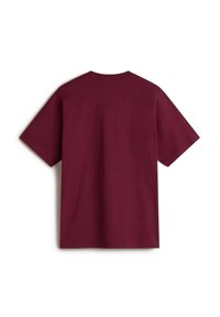 T-shirt en coton bordeaux, manches courtes, col rond, coupe décontractée. Texture unie sans motifs ni accents visibles.