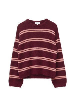 Burgunderfarbener Pullover mit horizontalen hellrosa Streifen. Weiche Textur, runder Ausschnitt und gerippte Bündchen und Saum. Kurzgeschnittenes Design.