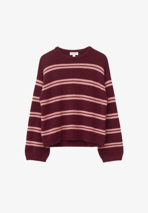 Burgunderfarbener Pullover mit horizontalen hellrosa Streifen. Weiche Textur, runder Ausschnitt und gerippte Bündchen und Saum. Kurzgeschnittenes Design.