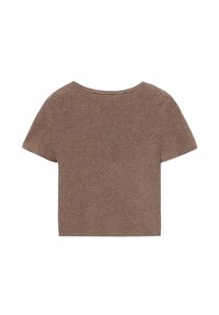 Top scurt din tricot ribbit de culoare maro, cu guler rotund, având o siluetă ajustată și o textură moale. Design simplu, fără detalii suplimentare.