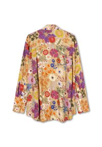 Bloemenprintshirt met een beige achtergrond en meerkleurige bloemen. Lange mouwen, kraag en knoopsluiting aan de achterkant.