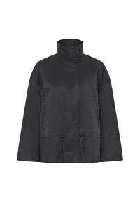 Čierna ľahká bunda s vysokým stojačikom, dlhými rukávmi, skrytým predným zipsom, bočnými vreckami a nastaviteľnými šnúrkami v páse.