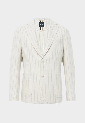 Blazer écru avec de fines rayures verticales bleues, deux boutons, revers, deux poches avant, une poche poitrine et étiquette de marque BOSS à l'intérieur du col.