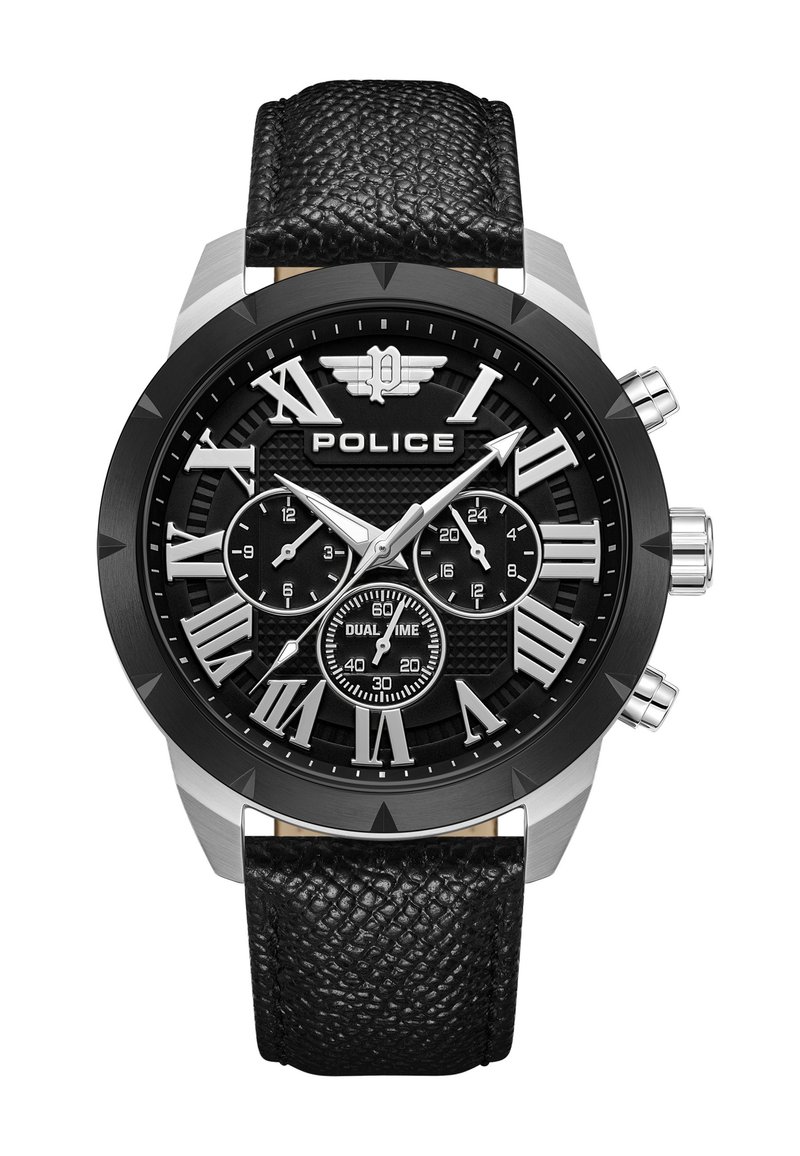 Melna teksturēta ādas siksniņa pulkstenis ar apaļu melnu ciparnīcu, sudraba akcentiem, romiešu cipariem un trim subciparnīcām divkāršai laika rādīšanai.