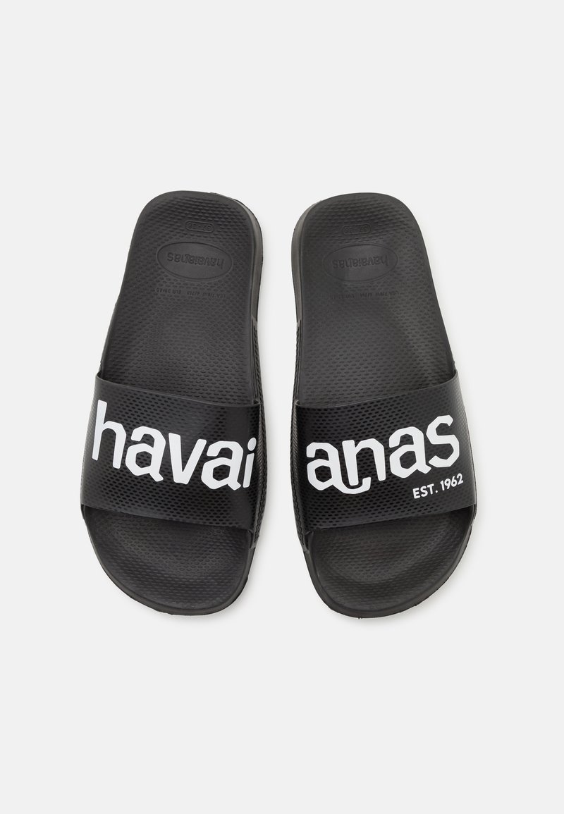 Infradito neri in gomma con una soletta strutturata. Presentano una fascia larga con la scritta "havaianas EST. 1962" in bold bianco.