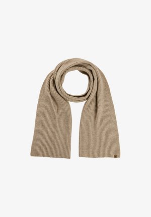 Beige gebreide sjaal met een ribbeltextuur, voorzien van een gladde afwerking en een klein merkteken aan één uiteinde. Lang en veelzijdig ontwerp.